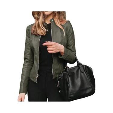 Imagem de Jaqueta Feminina Slim Fit De material sintético Estilo Motoqueiro Com 
