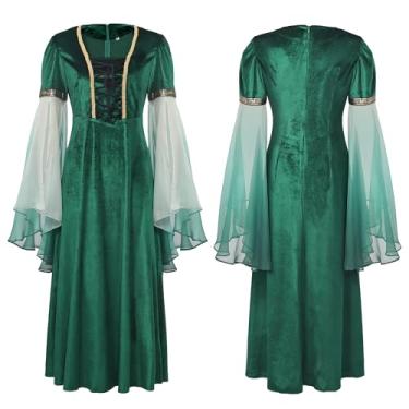 Imagem de UJUROU Vestido feminino renascentista, fantasia de bruxa medieval, saia de vampiro gótica vitoriana com mangas de sino de tule para Halloween, Preto, M