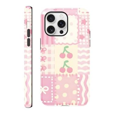 Imagem de FBHGLOA Capa de telefone para iPhone 16 Pro Max de 6,9 polegadas, linda colagem de bolinhas rosa cereja com laço listrado 2 em 1, capa protetora robusta à prova de choque para mulheres e meninas
