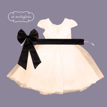 Imagem de Vestido longo Off White com Faixa e Laço PRETO Infantil Festa elegânci