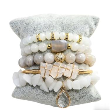 Imagem de ZOSOJONA Pulseiras femininas Boho com contas, 5 peças, contas de ágata turquesa, conjunto de pulseiras elásticas com pedra natural e cristal, pulseiras empilháveis da amizade, joias presentes para