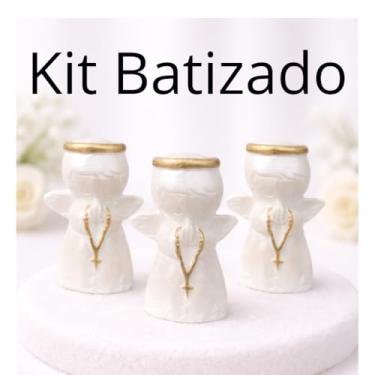 Imagem de Kit Batizado Lembrancinha Anjo Branco com Dourado, 7 cm, 15 peças
