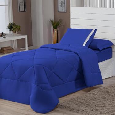 Imagem de Kit Edredom Solteiro Dupla Face + Lençol - 4 Peças em Preto e Cinza, Prático para Quartos Domésticos com Estilo Versátil (AZUL)