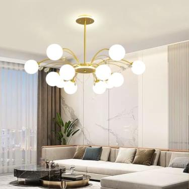 Imagem de Lustre E27 de meados do século XX, lustre de cristal com cúpula de vidro esférica, iluminação moderna estilo Sputnik, luminária pendente com galho dourado para restaurante, quarto, sala de e