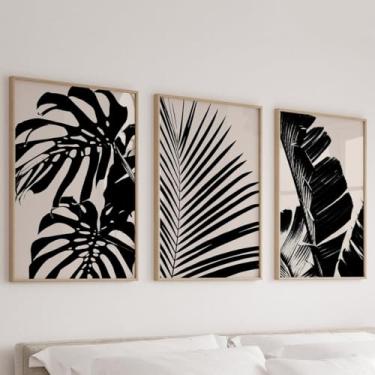 Imagem de 3 peças de arte de parede botânica preta e bege impressões em tela folhas tropicais quadros de pintura para sala de estar decoração de casa com moldura interna de madeira