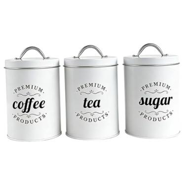 Imagem de Baoblaze Recipiente para café, chá e açúcar, pote para armazenar alimentos, farinha, utensílios de cozinha com tampa, organizador de metal para sala de jantar, Branco
