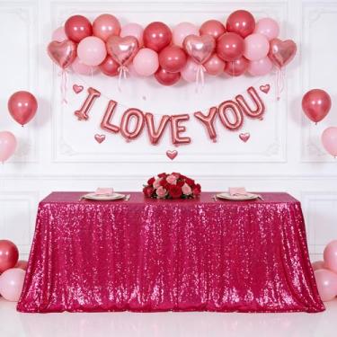 Imagem de Eternal Beauty Toalha de mesa rosa choque, 152 x 300 cm, capa de mesa retangular com lantejoulas para dia dos namorados, bolo, sobremesa, exposição, festa, eventos de aniversário