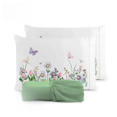 Imagem de Kit Jogo De Cama Lençol Liso Fronha Estampada Micropercal 400 Fios Ponto Palito(Borboleta Lençol Verde,Casal Queen 03 Peças)