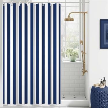Imagem de DORCEV Conjuntos de cortina de chuveiro listrada azul marinho decoração listras verticais azuis e brancas cortina de banheiro moderna moderna minimalista para decoração de banheira de casa ganchos