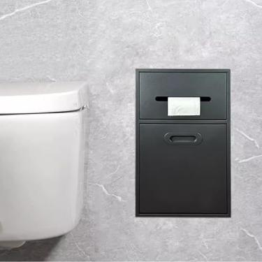 Imagem de Nicho de chuveiro embutido de aço inoxidável e suporte de papel higiênico montado na parede, prateleira embutida preta com lata de lixo - organizador de banheiro que economiza espaço (30 x 50 x 14 cm)