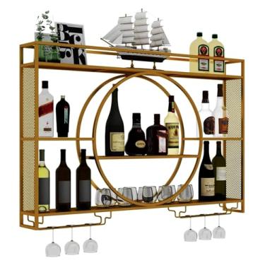 Imagem de Grande rack de vinho de metal de 3 níveis, prateleira de bar flutuante industrial com suporte de vidro, exibição de bebidas elegante para cozinha e sala de estar (ouro, 140 cm/55,1 pol.)