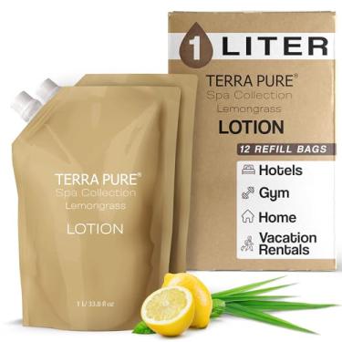 Imagem de Terra Pure Spa Collection Saco de recarga de loção de 1 litro para dispensadores de sabão | Artigos de higiene a granel para aluguéis de férias e chuveiros de banheiro em casa | Chá verde capim-limão