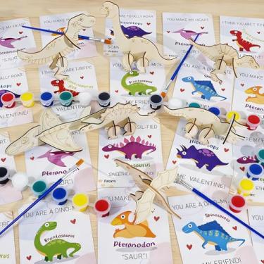 Imagem de TORONTOKYO Valentines Day Gifts for Kids, 28 Pack Dinosaurs Wood Painting Craft Kits with Dino Valentines Cards, Paint & Brush - Classroom Valentines Exchange Cards for Kids School Party Favors