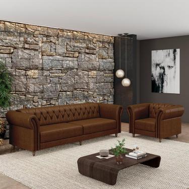 Imagem de Conjunto Sala de Estar 1 Sofá Living 260cm e 1 Poltrona Stanford Chesterfield Pés Madeira Couro Marrom Manchado G58 - Gran Belo