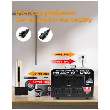 Imagem de Transformador Conversor de Voltagem LVYUAN 5000W Preto Hard-Wired Step Up/Down 110-120V/220-240V VTUS-5000-PRO