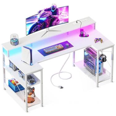 Imagem de Mesa Gamer em U ODK 122 cm com Luzes LED e Tomadas Elétricas, Suporte para Monitor e Prateleiras de Armazenamento, Acabamento Fibra de
