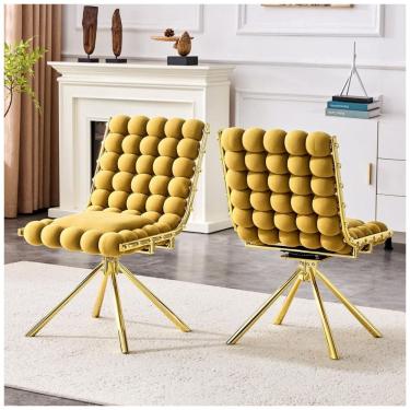 Imagem de Cadeiras giratórias TesNus kit com 2 cadeiras estofadas em veludo mostarda, assento bubble giratório com pés metálicos