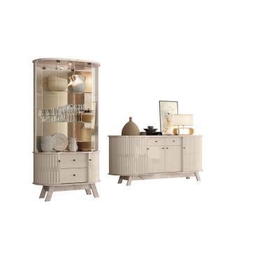 Imagem de Kit Sala de Jantar Mônaco e Moss Calacata Off White Buffet 4 Portas e Cristaleira com L...