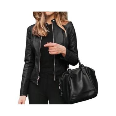 Imagem de Jaqueta Feminina Slim Fit De material sintético Estilo Motoqueiro Com 