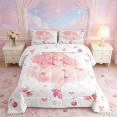Imagem de Manfei Jogo de cama solteiro com estampa de laço rosa para meninas, princesa, desenho animado, bailarina, edredom leve, 1 fronha