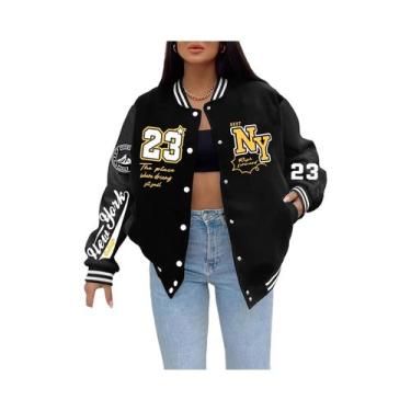 Imagem de Jaqueta Feminina Vintage Harajuku De Moletom Estilo Beisebol Com Botõe
