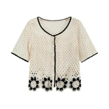 Imagem de Blusa Feminina De Verão Com Bordado De Girassol, Crochê, Manga Curta, 