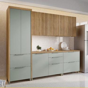 Imagem de Cozinha Completa Paris 8 Portas 6 Gavetas MDF 270cm Verde com Tampo e Puxadores em Alum...