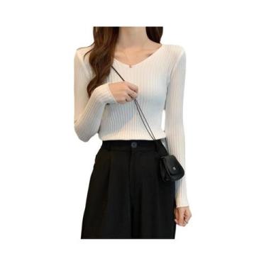 Imagem de Suéter Feminino Slim Fit Com Decote Em V, Manga Longa, Cor Sólida, Mod