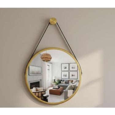 Imagem de Espelho Redondo Decorativo Suspenso Com Alça 40cm + Suporte Dourado Al