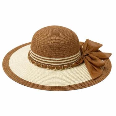 Imagem de Chapéu De Praia Feminino Palha Aba Larga Dobrável Proteção Solar Verão