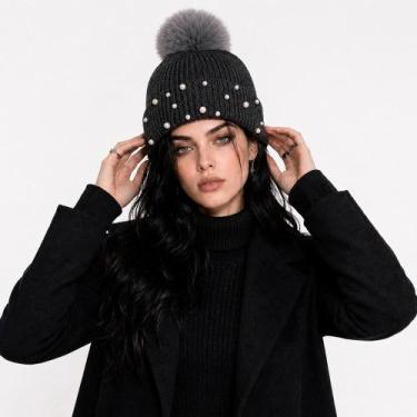 Imagem de Gorro Larsen com Pérolas Aplicadas e Pompom REF:JL647, Preto, UN