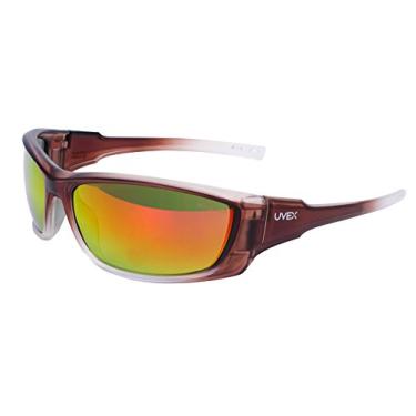 Imagem de UVEX Óculos de segurança Honeywell Série S2173 A1500 com armação marrom, lente espelhada vermelha e revestimento rígido resistente a arranhões