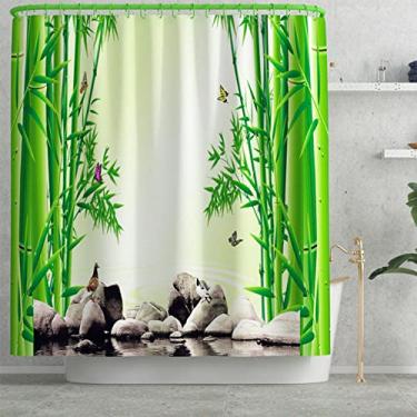 Imagem de Conjunto de tapete de banho e cortina de chuveiro com estampa de bambu Tapetes de banheiro antiderrapantes Tapete de banheiro absorvente almofada de assento de vaso sanitário, 4 peças, 682