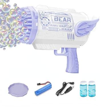 Imagem de SAXTZDS Metralhadora Bolha de 80 Orifícios com Luzes Coloridas, Lançador de Bolha Bazuca Atualizado Fabricante Automático de Bolha para Festa de Aniversário de Casamento ao Ar Livre de Verão (Roxo)