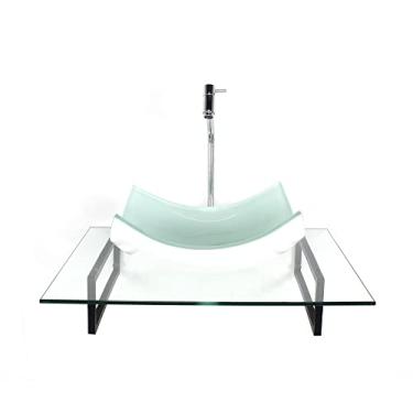 Imagem de KIT CUBA DE VIDRO RETANGULAR CURVADA BRANCA COM TAMPO 60CM INCOLOR E SUPORTE TORNEIRA VALVULA