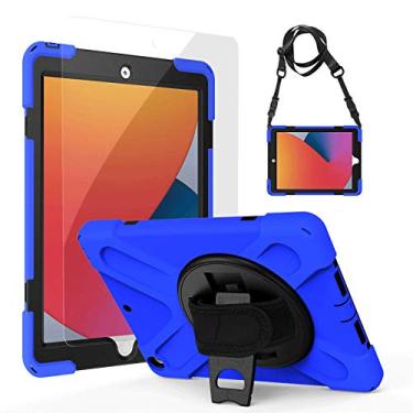 Imagem de Gerutek Capa para iPad 10.2 8ª/7ª geração com protetor de tela de vidro temperado 9H, suporte giratório, alça de mão/dever, capa protetora resistente à prova de choque para iPad 10.2, azul