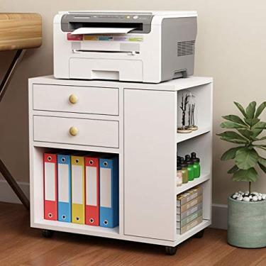 Imagem de KIZQYN Suporte de impressora rolante de madeira suporte de máquina de carrinho com 2 gavetas mesa lateral mesa de cabeceira multifuncional móvel gabinete de impressora (branco) impressora de mesa (tamanho: W-45cm)