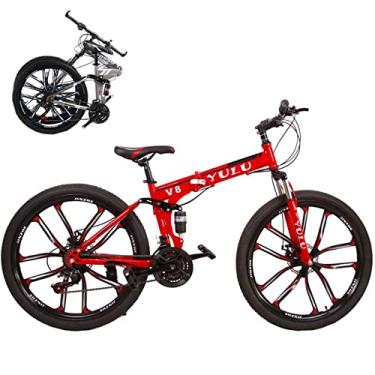 Imagem de Bicicleta dobrável portátil para adultos bicicletas dobráveis para adultos bicicleta de montanha dobrável com garfo de suspensão engrenagens de 66 cm bicicleta dobrável bicicleta da cidade moldura de aço de alto carbono, vermelha/10,24