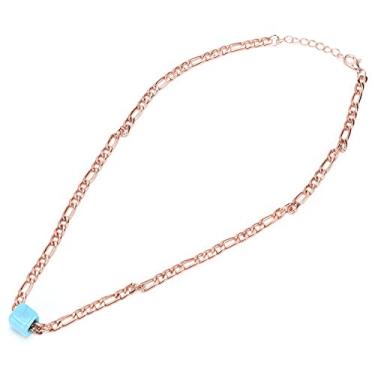 Imagem de Shanrya Colar com pingente, colar feminino moderno K Tetragonum grande furo azul pingente de contas de vidro com mulheres para uso diário em festas de aniversário (colar de ouro rosa)