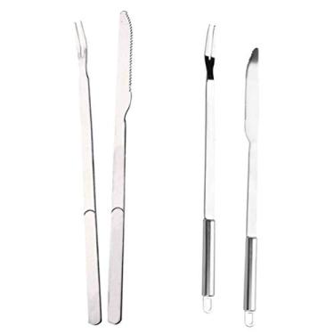 Imagem de CLISPEED 2 Conjuntos e garfo inox garfo e cortador ao ar livre ferramenta de churrasco inoxidável facas lâmina garfo e cortador de churrasco garfo de cabo de madeira Aço inoxidável