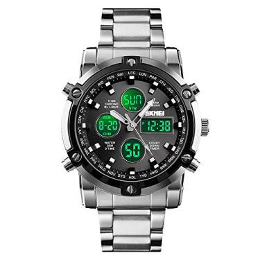 Imagem de Relógio de pulso masculino SKMEI, impermeável, modelo militar, analógico e digital, de negócios, com cronógrafo de LED multihorário, em aço inoxidável, 2.28*1.89*0.63 inches
