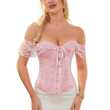Imagem de Corset Corselet Blusa Modeladora Manga Curta Renda Floral Linha Clássica Rosa Claro M699