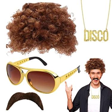 Imagem de Peruca dos anos 70,Cabelo Afro Peruca Óculos Colar BigoTraje Hippie Conjunto | Acessórios hippie para festas temáticas dos anos 50/60/70, Halloween, festa Natal