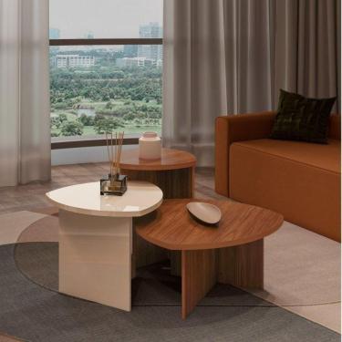 Imagem de Conjunto Sala de Estar 1 Mesa de Centro Oval e 2 Mesas Laterais Delta Cedro/Branco