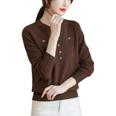 Imagem de Suéter feminino outono inverno tricotado pulôver gola redonda botão manga longa vintage sólido suéter térmico, Café, M