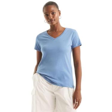 Imagem de Nautica Camiseta feminina de algodão elástico supermacia com gola V e conforto fácil, (Coleção 2024 Sustainably Crafted Collection) Azul Riviera, M