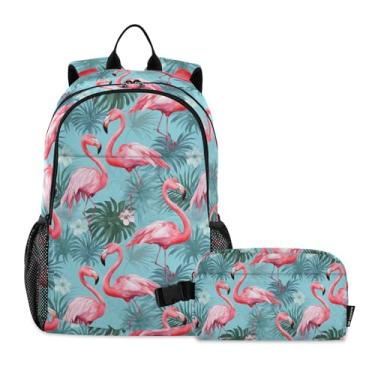 Imagem de CHIFIGNO Mochila escolar rosa azul peixes e algas marinhas corais, mochila escolar, mochila de viagem com lancheira isolada, Flores de flamingos com folhas de palmeira tropicais, One Size