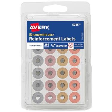 Imagem de Etiquetas de reforço Avery 5745, 6 mm de diâmetro, adesivo permanente, cores metálicas variadas, pacote com 280