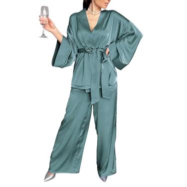 Imagem de Pijamas de cetim Mulheres manga longa gelo seda Pjs para mulheres conjunto de duas peças loungewear roupa de dormir,Green,S