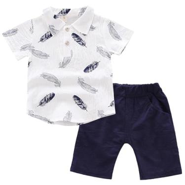Imagem de Kunyeah Conjunto de roupas de verão para meninos e bebês, camisa polo azul, shorts com estampa de penas, shorts, Branco, 1-2 Anos